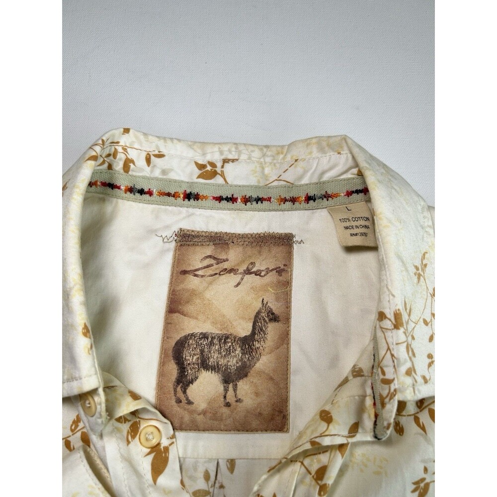 Zenfari Unique Cream Beige Cotton Leaf Print Button Up Shirt Mens Size L - Picture 5 of 13